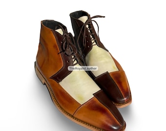 Handmade Tri-Tone Leather Ankle Boots | Men's Formal Dress Boots