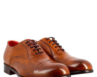 Handmade Men's Sienna Brown Leather Cap Toe Oxford Shoes