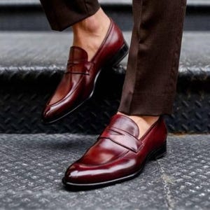 Handmade Men's Ox-Blood Patina Leather Penny Loafers – Men's Luxury Moccasin Slip On Loafers - Men's Burgundy Shoes - Bespoke Leather Shoes