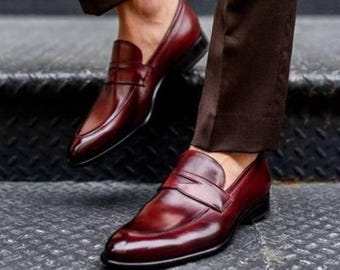 Handmade Men's Ox-Blood Patina Leather Penny Loafers – Men's Luxury Moccasin Slip On Loafers - Men's Burgundy Shoes - Bespoke Leather Shoes