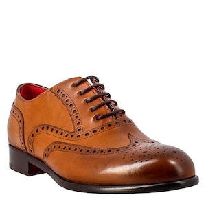 Men’s Brown Patina Leather Wingtip Brogue Oxford Shoes – The Remington – Elegant Lace-Up Formal Dress Shoes – Men&#39;s Handmade Leather Shoes