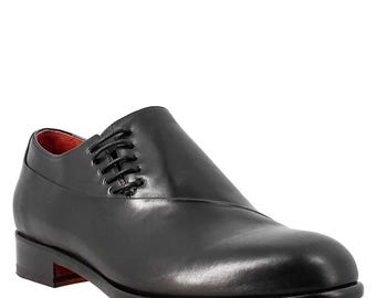 Handmade Black Leather Oxford Shoes – Side Lace, Elegant Wedding Dress Shoes
