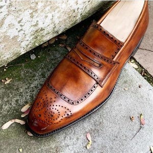 Men's Brown Patina Leather Brogue Penny Loafers - Handcrafted Men's Slip On Moccasins - Bespoke Men's Leather Shoes - Men's Brown Loafers