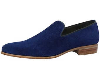 Mocasines de ante azul para hombre hechos a mano – The Braxton – Zapatos de vestir formales – Mocasines de lujo