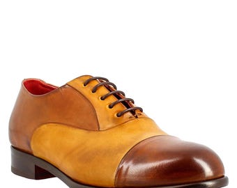 Chaussures richelieu en cuir bicolores faites main - Marron et jaune
