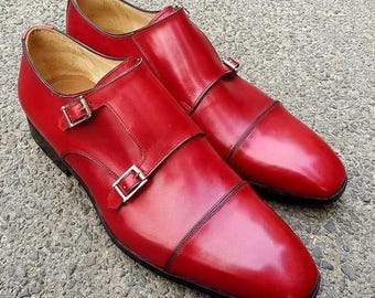 Handgemachte rote Leder Monk Strap Schuhe - Cap Toe Dress Schuhe