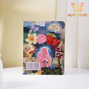 Könnte beinhalten: Ein dekoratives Notizbuch mit einem Collage-Design mit Blumen, Früchten und inspirierenden Zitaten. Der Einband enthält Texte wie "Ich glaube, ich bin es wert, mich gut zu fühlen" und "Ich werde keine Angst haben."