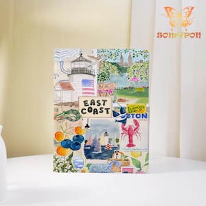 May include: A rectangular notebook with a collage design featuring coastal imagery. The design includes a lighthouse, sailboats, a lobster, and the text "East Coast". The color palette includes blues, greens, and oranges.
