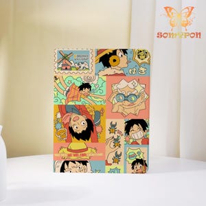 May include: A rectangular print with a colourful cartoon design of a character in different poses. The design includes text and a windmill image, set against a light background. The overall theme is anime.