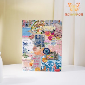 May include: A colorful journal with a collage design featuring Italian scenery, cocktails, and vintage elements. The cover includes the text "What if it all works out?" and a butterfly logo.