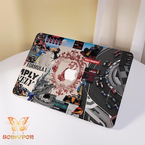 May include: A rectangular laptop skin featuring a collage of Formula 1 imagery. The design includes race cars, the Eiffel Tower, and the Apple logo. The color scheme is a mix of red, black, white, and blue. The text "Formula 1" and "Simply Lovely" are visible.