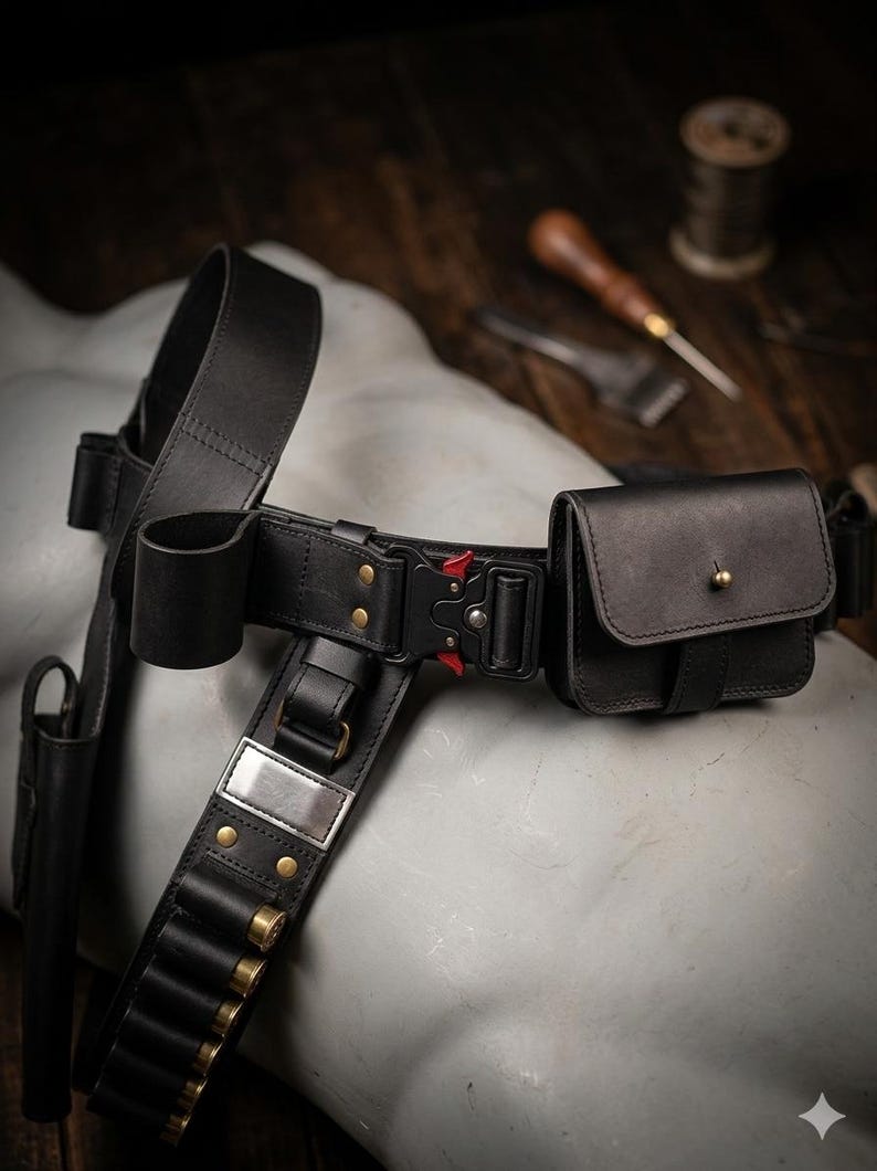 May include: Black leather utility belt with a holster, pouch, and cartridge holders. The belt features a metal buckle with a red release button and brass rivets. The belt is designed for carrying various items.