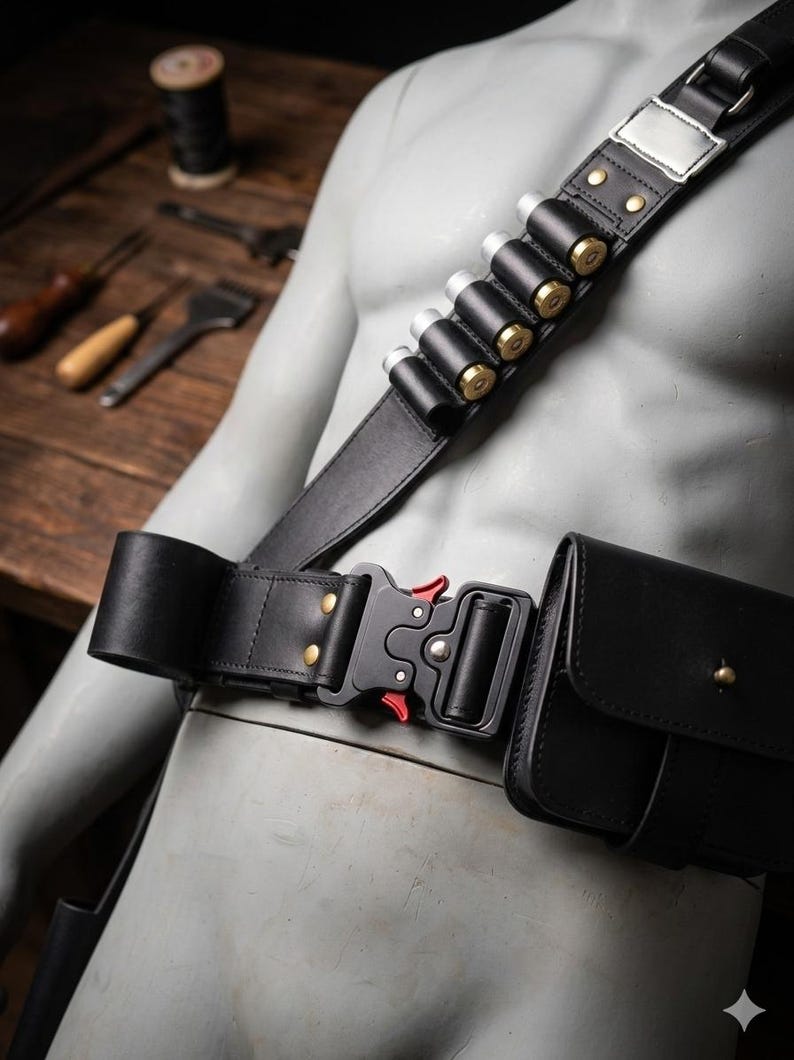 May include: Black leather utility belt with a quick-release buckle and attached pouches. The belt features brass-colored accents and holders for ammunition. The buckle has red accents. The belt is displayed on a mannequin.