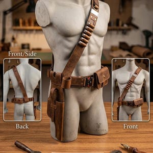 May include: A brown leather utility belt with a holster, pouches, and a shoulder strap, displayed on a mannequin. The belt features a series of bullet holders and a metal buckle. The image includes the text "Handmade in Sialkot, Pakistan."