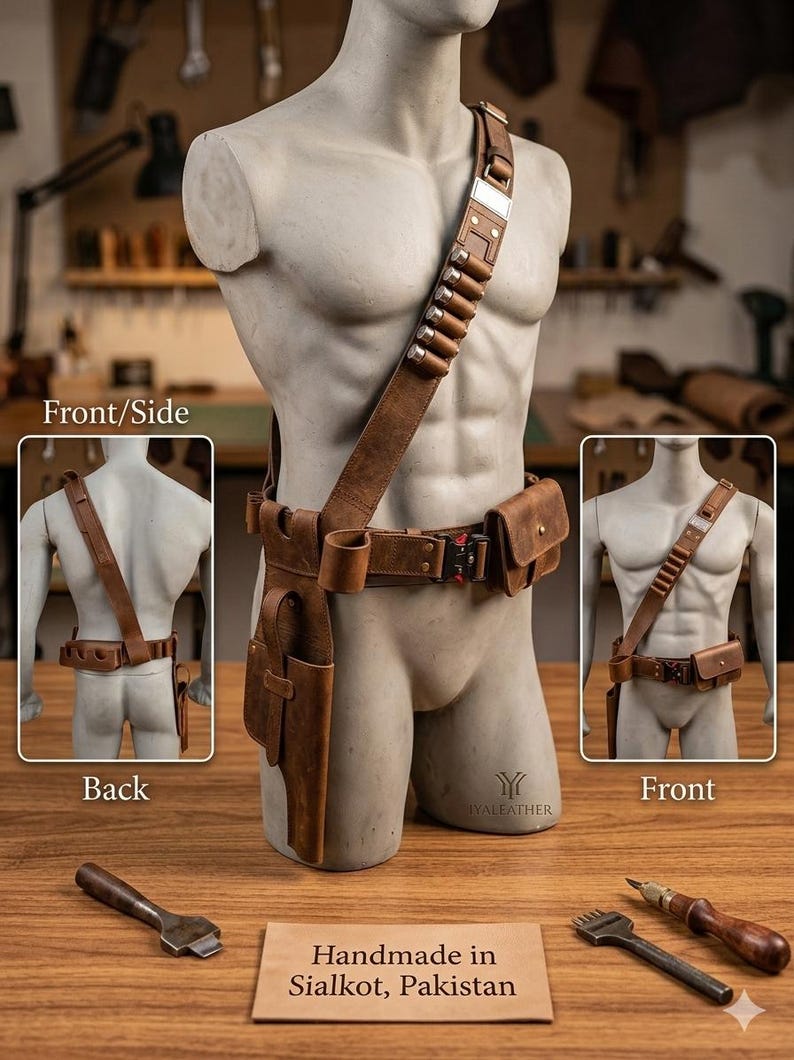 May include: A brown leather utility belt with a holster, pouches, and a shoulder strap, displayed on a mannequin. The belt features a series of bullet holders and a metal buckle. The image includes the text "Handmade in Sialkot, Pakistan."