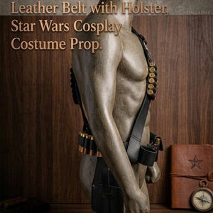 May include: A black leather Mandalorian belt with a holster, designed as a Star Wars cosplay costume prop. The belt features multiple cartridge holders and is displayed on a mannequin. The text "Mandalorian Leather Belt with Holster, Star Wars Cosplay Costume Prop" is visible.