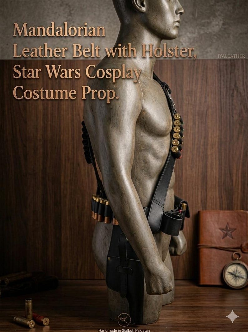 May include: A black leather Mandalorian belt with a holster, designed as a Star Wars cosplay costume prop. The belt features multiple cartridge holders and is displayed on a mannequin. The text "Mandalorian Leather Belt with Holster, Star Wars Cosplay Costume Prop" is visible.