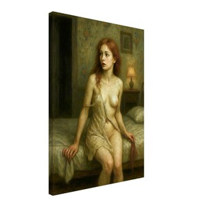 Pode incluir: Impressão em tela de uma pintura que retrata uma mulher ruiva sentada em uma cama. Ela está vestindo uma roupa clara. O quarto tem papel de parede floral e uma pequena lâmpada em uma mesa de cabeceira.