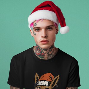 May include: A person wearing a red and white Santa hat and a black t-shirt. The t-shirt features a cartoon rabbit dressed as Santa holding a green bottle. The rabbit has spiral eyes. The person has tattoos on their neck and arms.