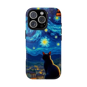 Starry Night Cat Phone Case | Van Gogh Art Phone Case, Mischievous Cat Phone Case, Black Cat Design, Gift for Cat Lovers