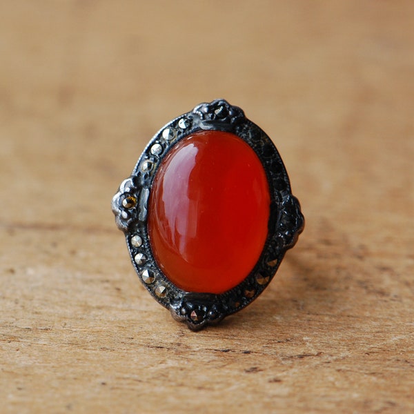 Vintage Art Deco 1930s carnelian cocktail ring with marcasite