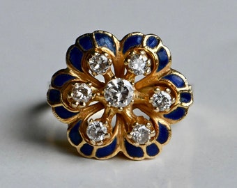 Vintage 14K diamond and midnight blue enamel flower blossom ring
