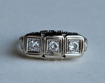 Antique 14K .30 carat Old European Cut three stone diamond engagement ring