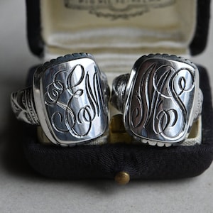 Victorian-style rectangular sterling or gold engraved signet initial rings
