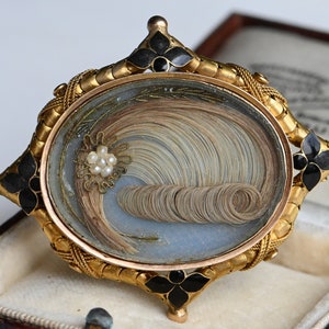 Antique Victorian 1850s mourning brooch with hairwork and engraving