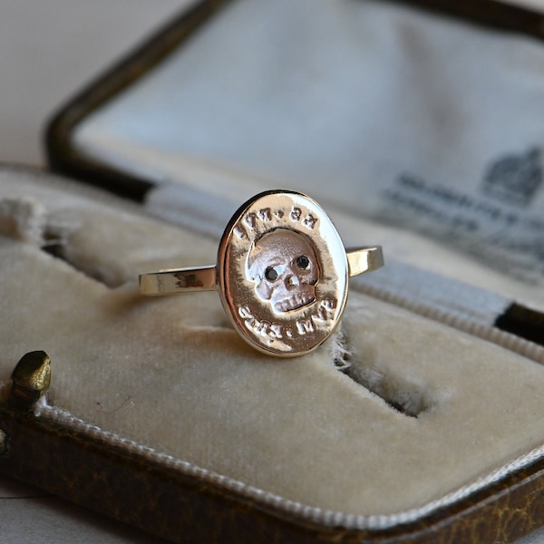 ES FUI 10K or 14K + gemstone eye skull signet ring ∙ Victorian Memento Mori custom ring ∙ ruby diamond sapphire eye skull ring