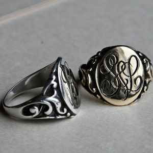 NEW! Victorian-style oval sterling or gold engraved signet initial rings
