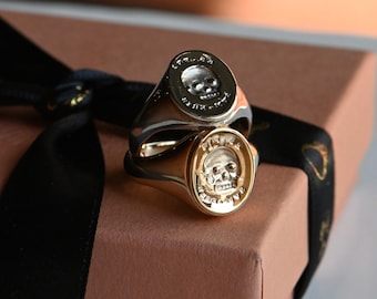 ES FUI plain sterling skull big signet ring ∙ Victorian Memento Mori custom cast ring ∙ Latin epitaph Es, Fui; Sum, Eris