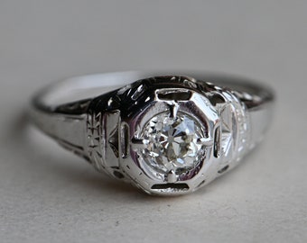 Antique 1930s Art Deco .51 carat Old Mine Cut 18K filigree solitaire engagement ring