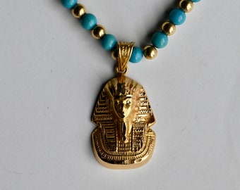 Vintage 18K Egyptian turquoise beaded Pharaoh pendant necklace