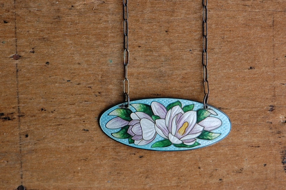 Antique 1910s Art Nouveau water lily enamel brooch