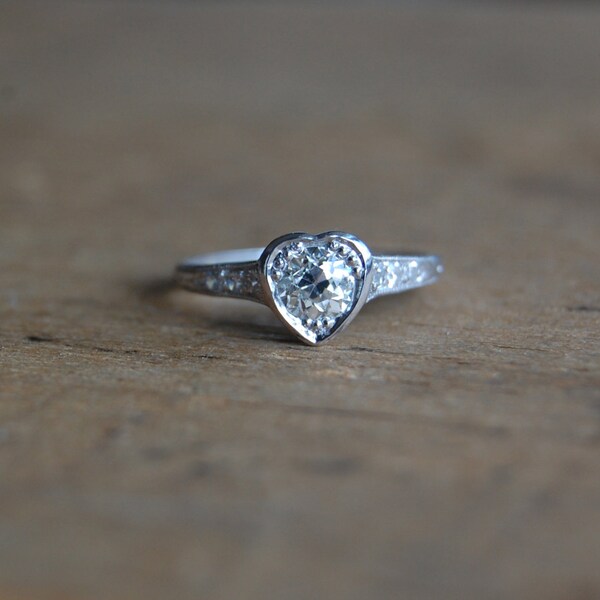 RESERVED // Art Deco 1920s platinum diamond heart engagement ring