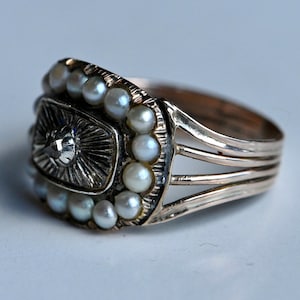 Antique 1810s 10K and silver Georgian memorial ring with pearls and diamond image 4