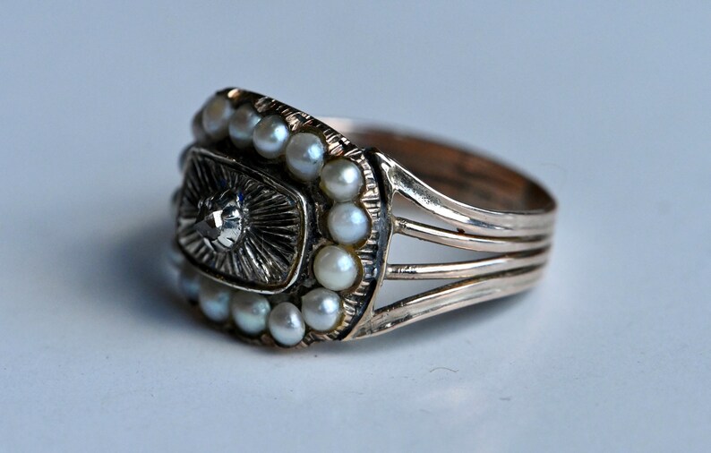 Antique 1810s 10K and silver Georgian memorial ring with pearls and diamond image 4