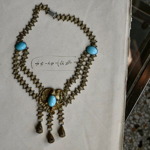 Antique 1930s cast brass festoon necklace with turquoise glass stations image 7