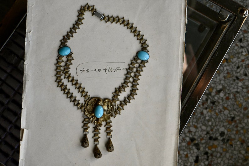 Antique 1930s cast brass festoon necklace with turquoise glass stations image 7