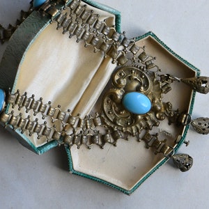 Antique 1930s cast brass festoon necklace with turquoise glass stations image 2