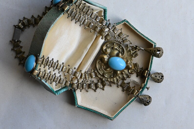 Antique 1930s cast brass festoon necklace with turquoise glass stations image 2