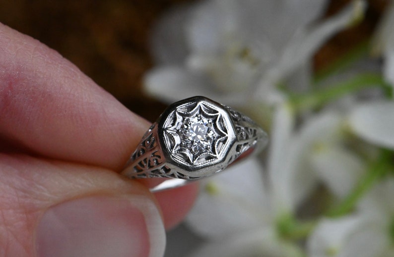 Antique 18K .25 carat Old European Cut diamond filigree engagement ring image 9