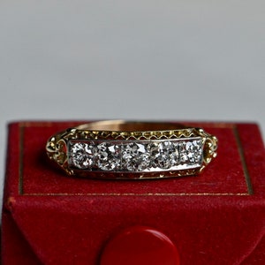 Vintage 1930s Art Deco 14K five-diamond fretwork wedding engagement band image 5