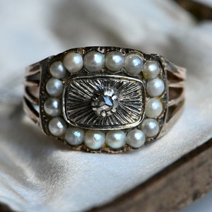 Antique 1810s 10K and silver Georgian memorial ring with pearls and diamond image 5