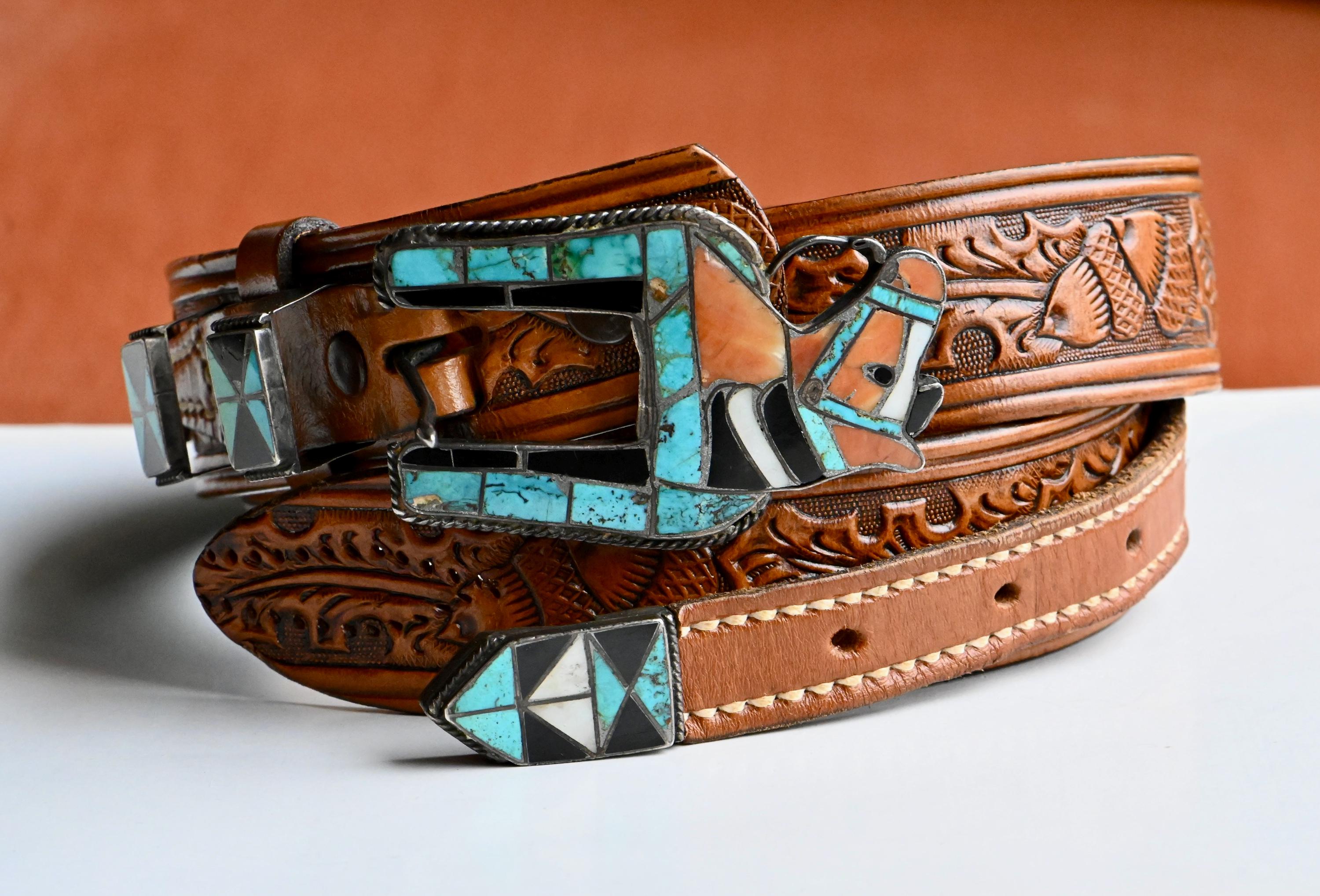 Zuni Inlaid Sterling Ranger Set, SIGNED Coonsis, Native American, Maida’s Belt Item #1001N- Zuni 4pc High End Multi Stone Sunface Channel  main image 3