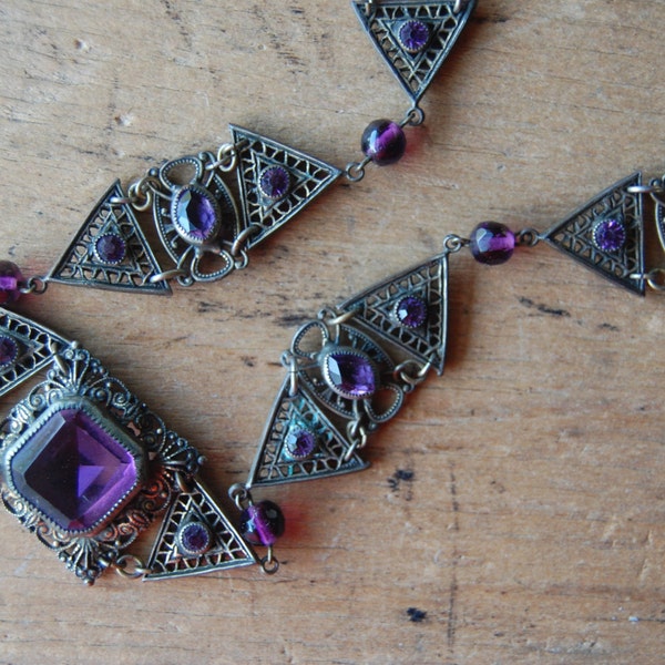 Art Deco amethyst glass filigree collar necklace ∙ Czech glass necklace