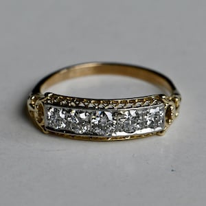 Vintage 1930s Art Deco 14K five-diamond fretwork wedding engagement band image 1