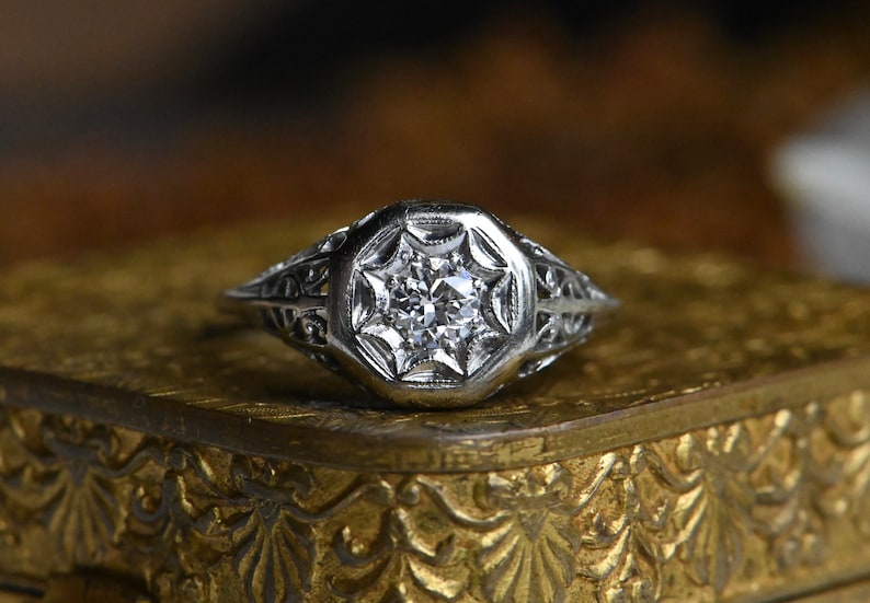 Antique 18K .25 carat Old European Cut diamond filigree engagement ring image 8