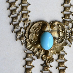 Antique 1930s cast brass festoon necklace with turquoise glass stations image 6